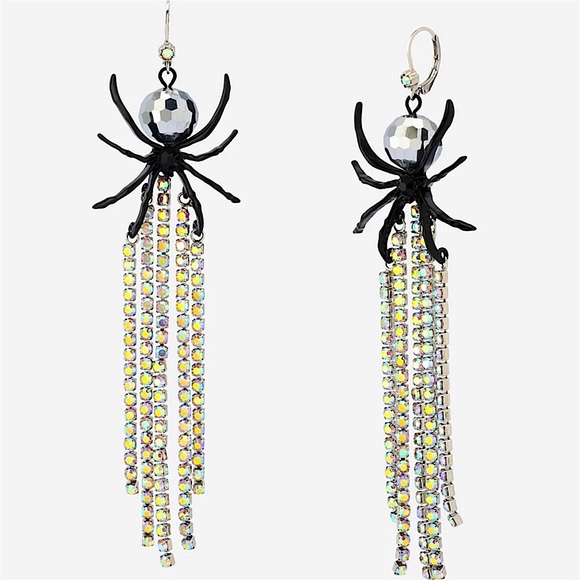 NIB Betsey Johnson Halloween Crystal Disco Spider Dangle Earrings - Picture 1 of 6